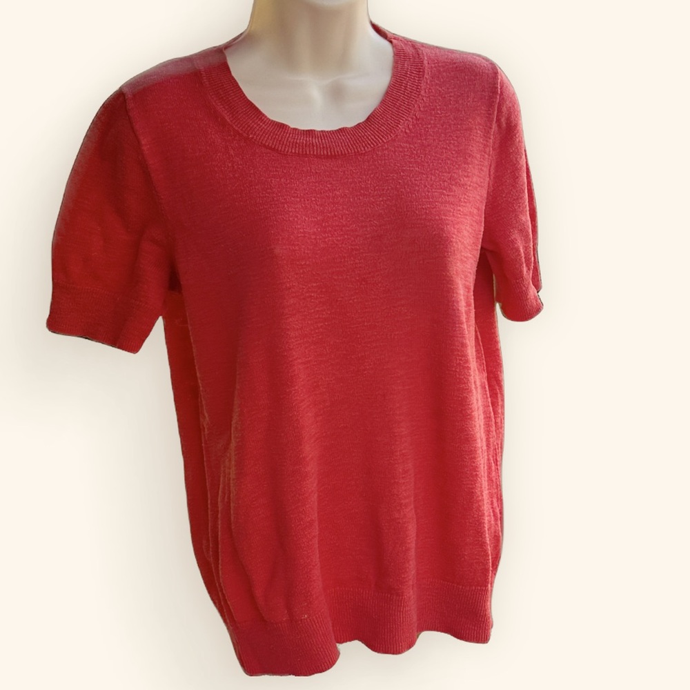 Classic Capsule Preppy Orange Nubby Cotton Knit Short-Sleeve Pullover Sweater ~M